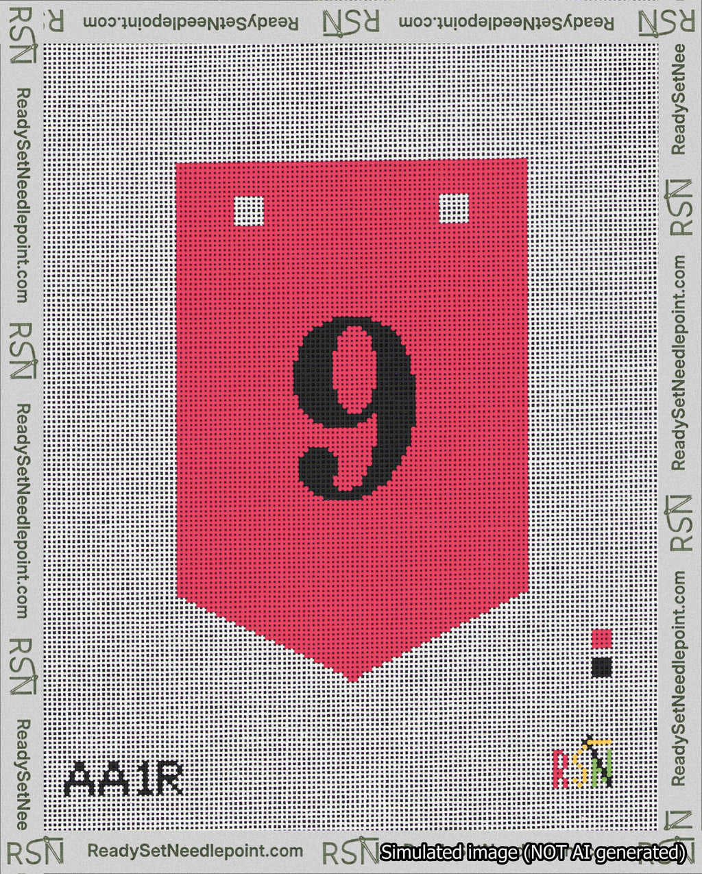A taped needlepoint canvas with the design: Banner 18 mesh count Pointed 9 Black on Red.