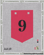 A taped needlepoint canvas with the design: Banner 18 mesh count Pointed 9 Black on Red.