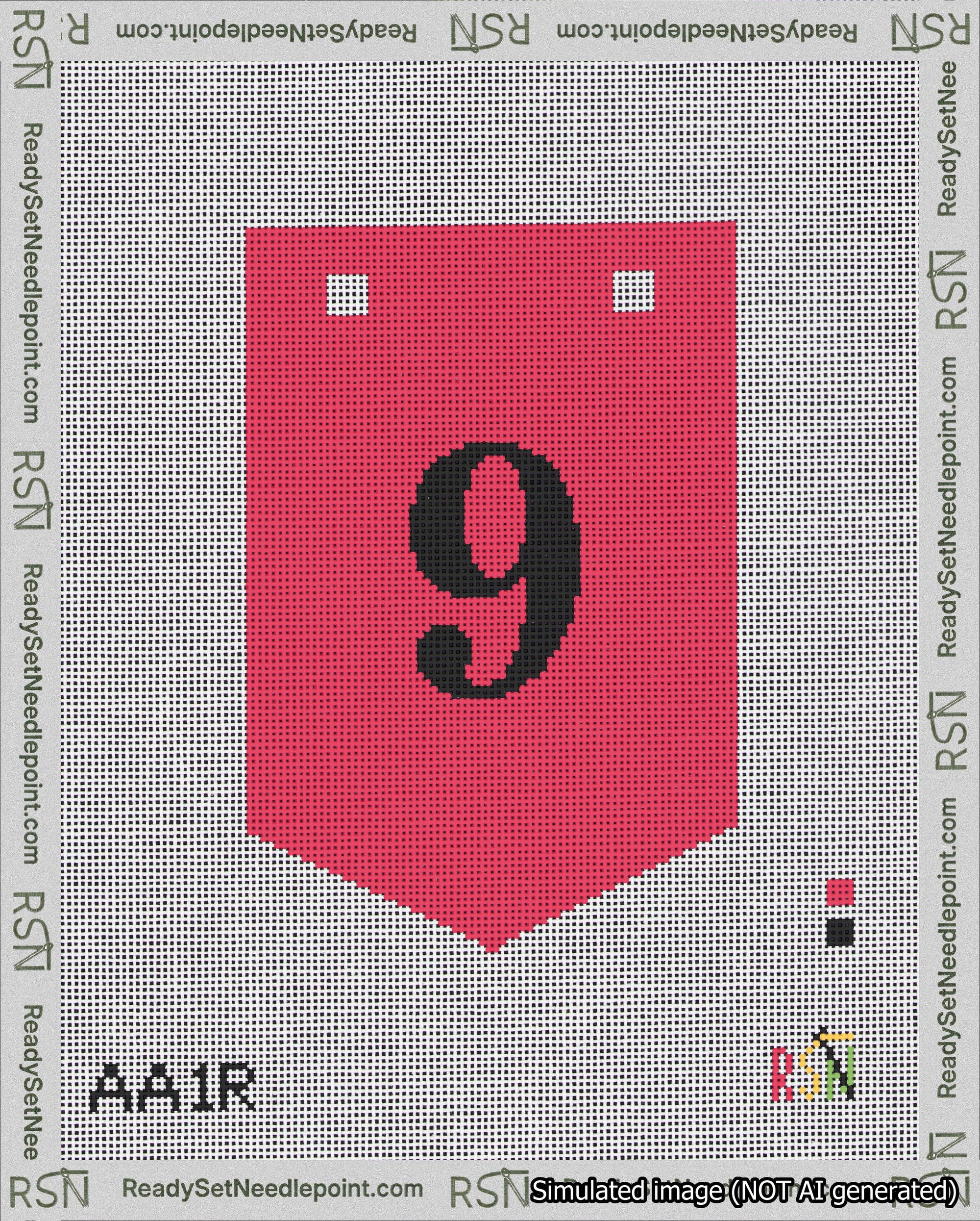 A taped needlepoint canvas with the design: Banner 18 mesh count Pointed 9 Black on Red.