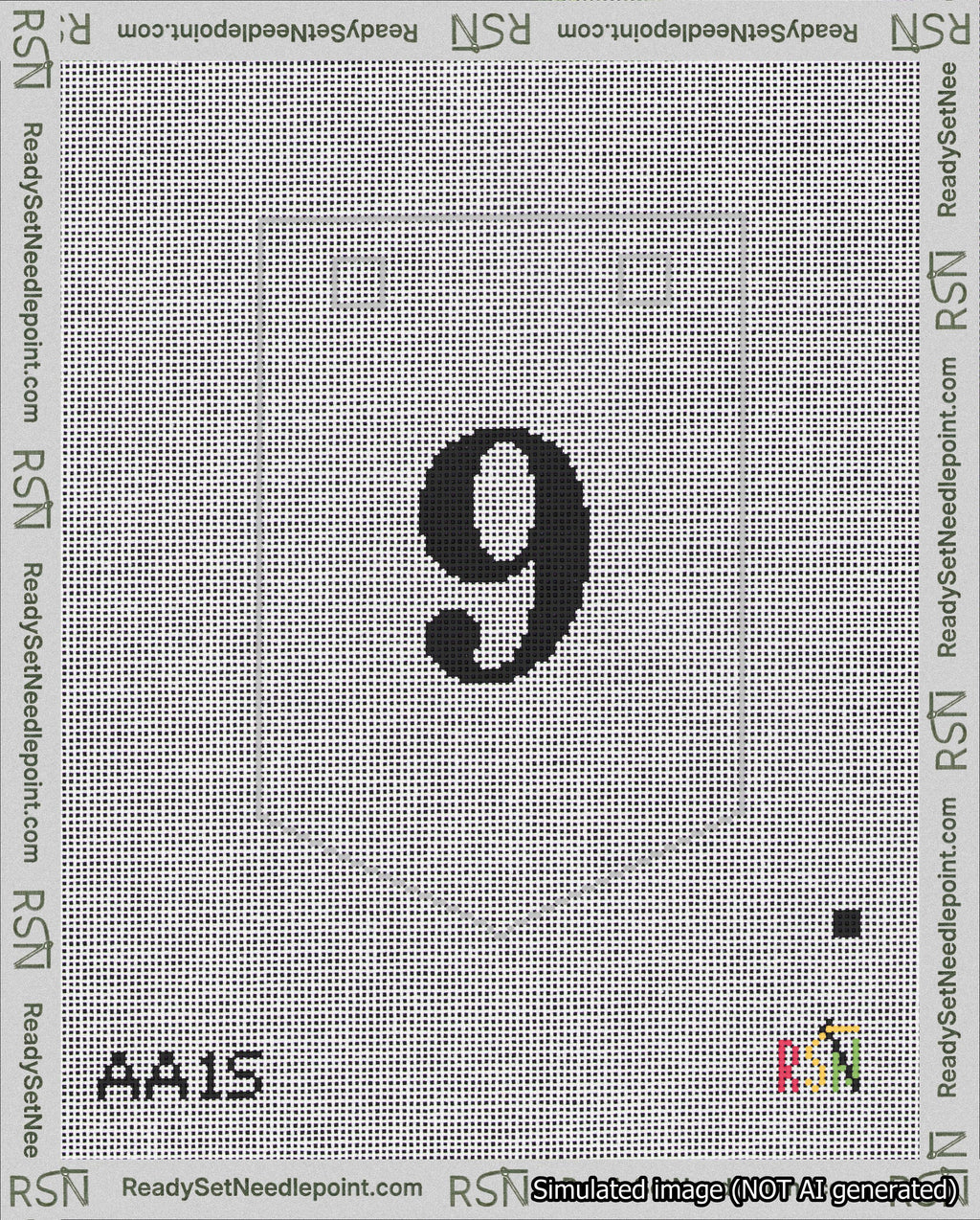A taped needlepoint canvas with the design: Banner 18 mesh count Pointed 9 Black on White.
