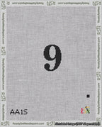 A taped needlepoint canvas with the design: Banner 18 mesh count Pointed 9 Black on White.