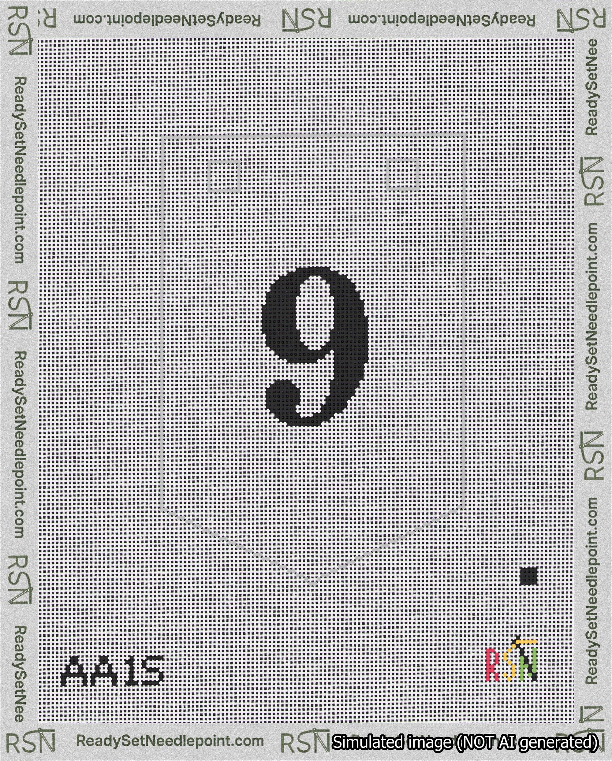 A taped needlepoint canvas with the design: Banner 18 mesh count Pointed 9 Black on White.