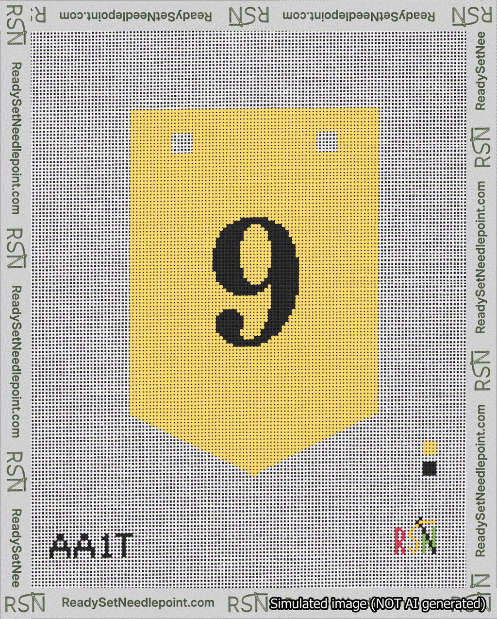 A taped needlepoint canvas with the design: Banner 18 mesh count Pointed 9 Black on Yellow.