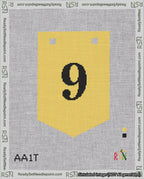 A taped needlepoint canvas with the design: Banner 18 mesh count Pointed 9 Black on Yellow.