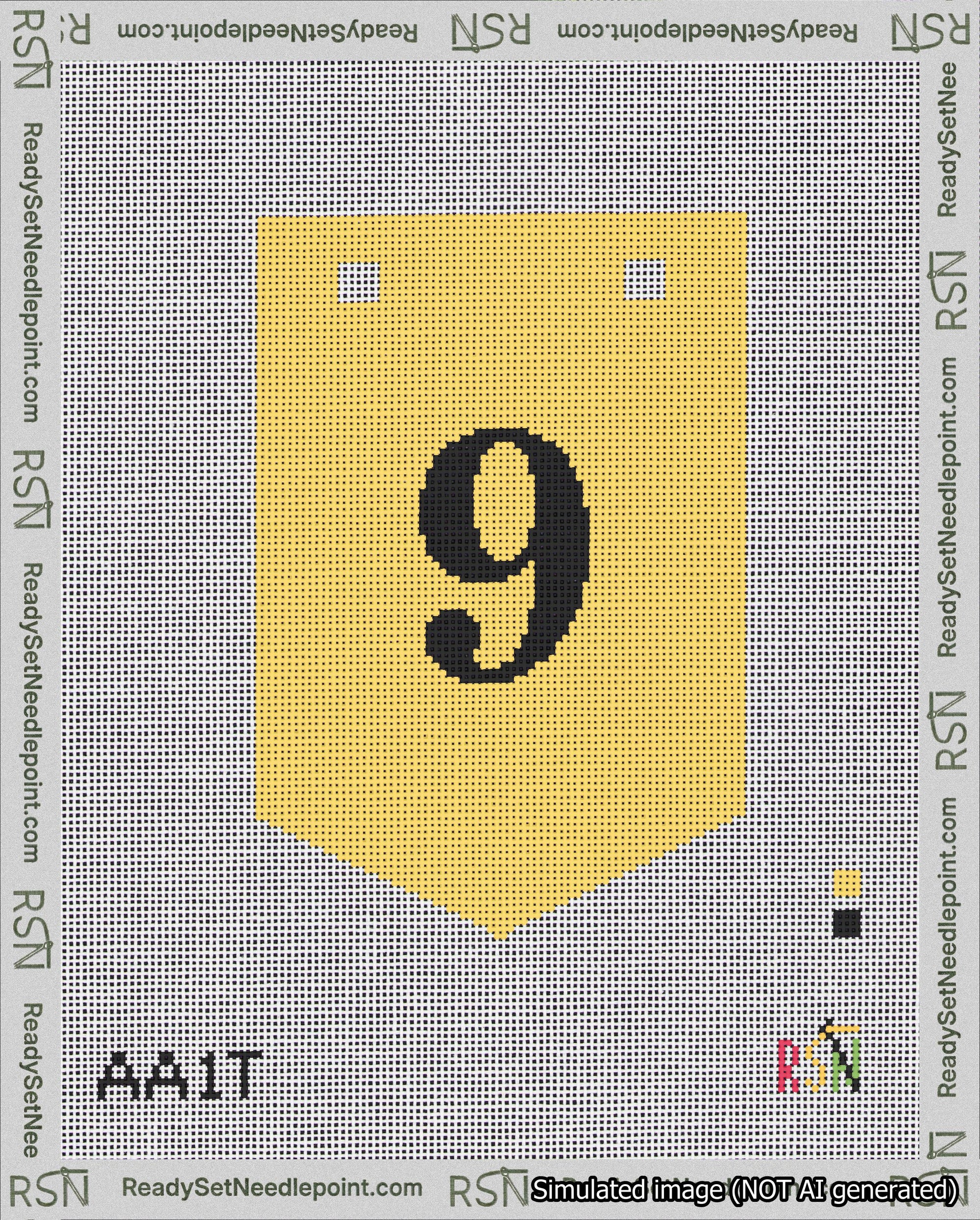 A taped needlepoint canvas with the design: Banner 18 mesh count Pointed 9 Black on Yellow.