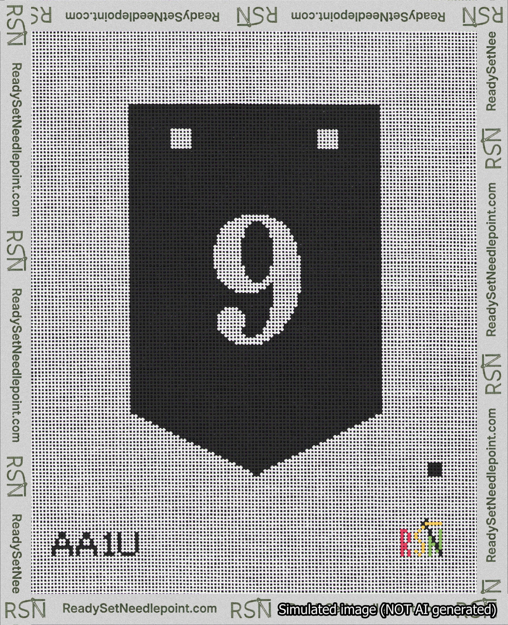 A taped needlepoint canvas with the design: Banner 18 mesh count Pointed 9 White on Black.