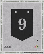 A taped needlepoint canvas with the design: Banner 18 mesh count Pointed 9 White on Black.
