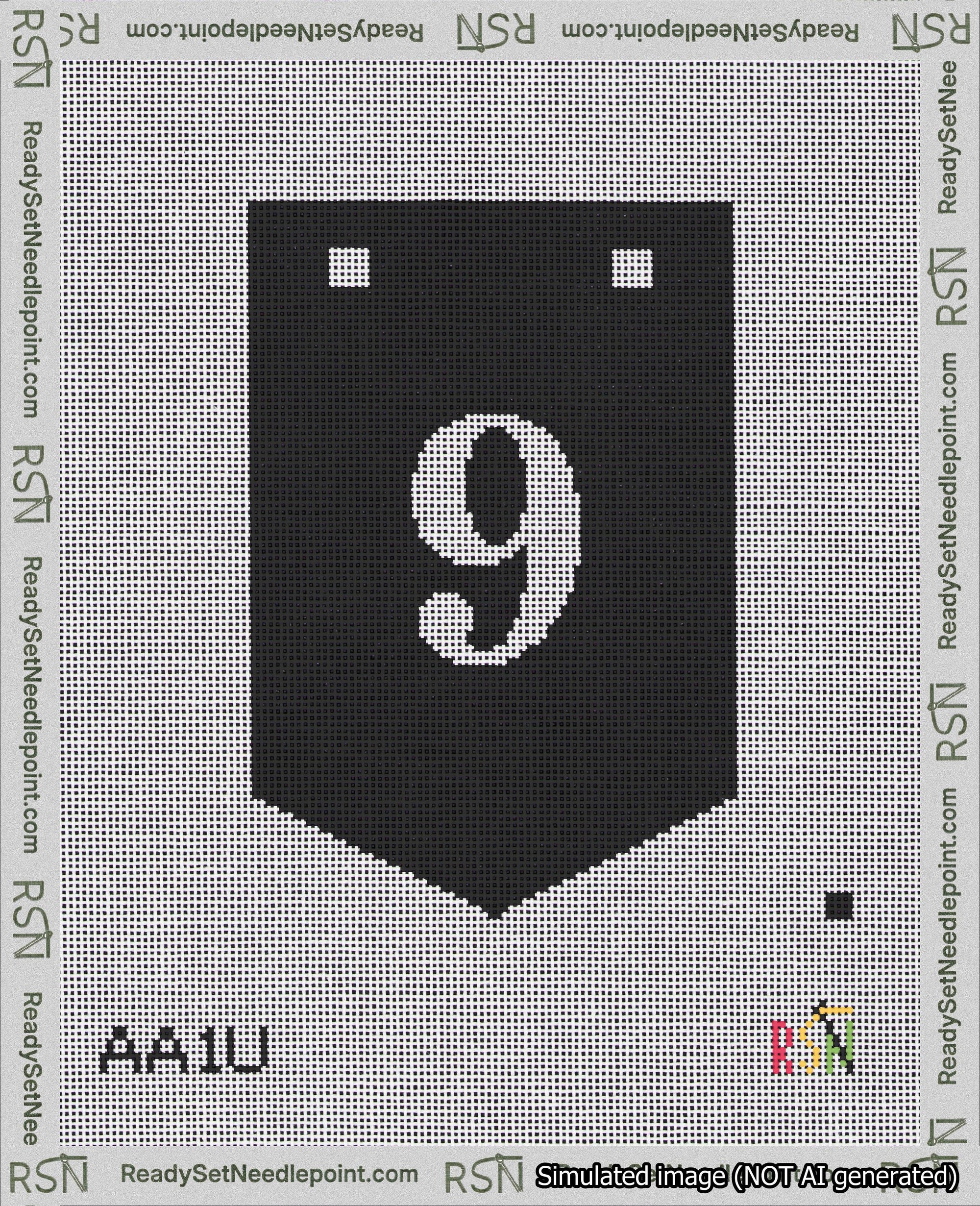 A taped needlepoint canvas with the design: Banner 18 mesh count Pointed 9 White on Black.