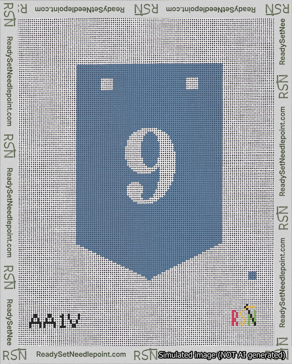 A taped needlepoint canvas with the design: Banner 18 mesh count Pointed 9 White on Blue.