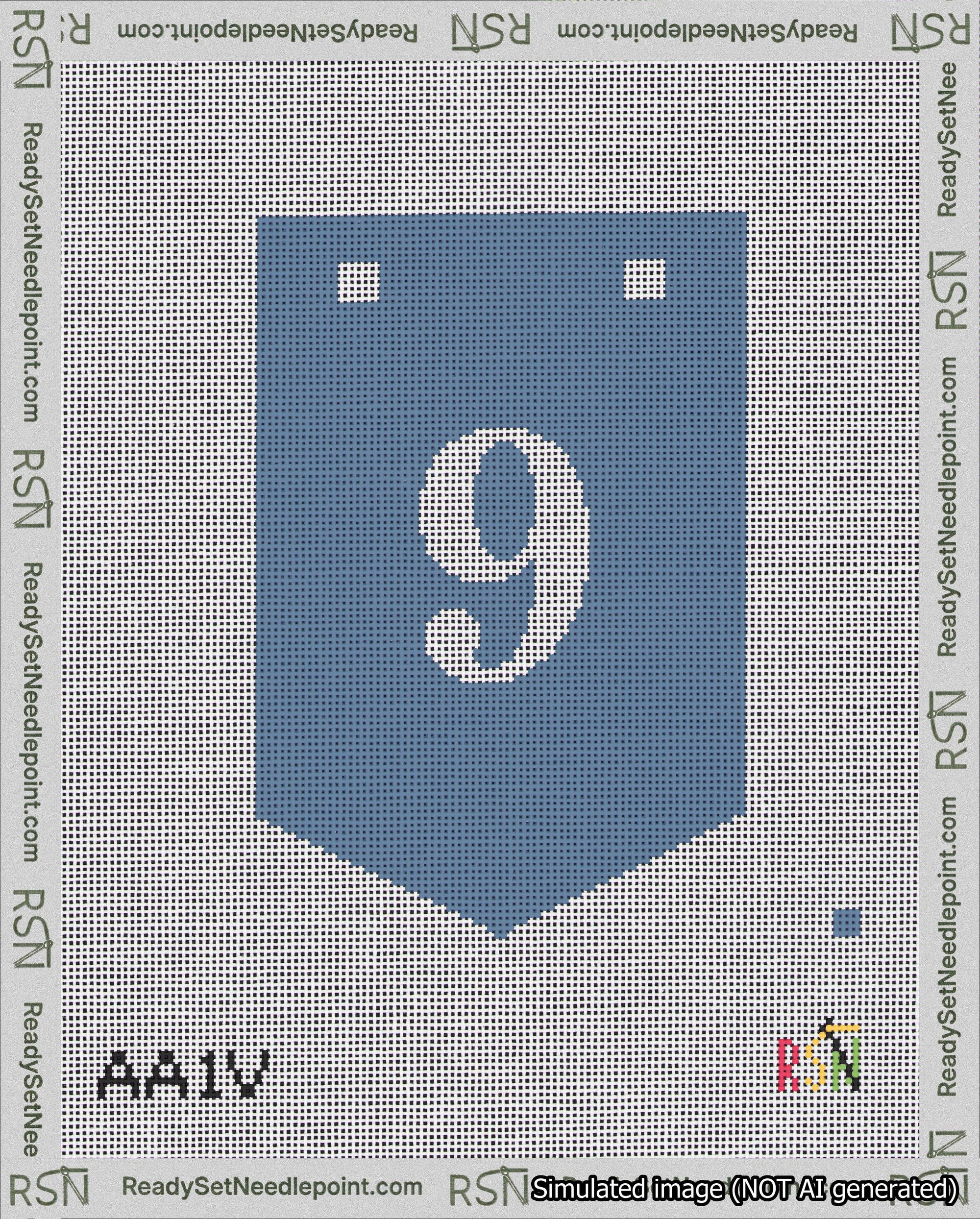 A taped needlepoint canvas with the design: Banner 18 mesh count Pointed 9 White on Blue.