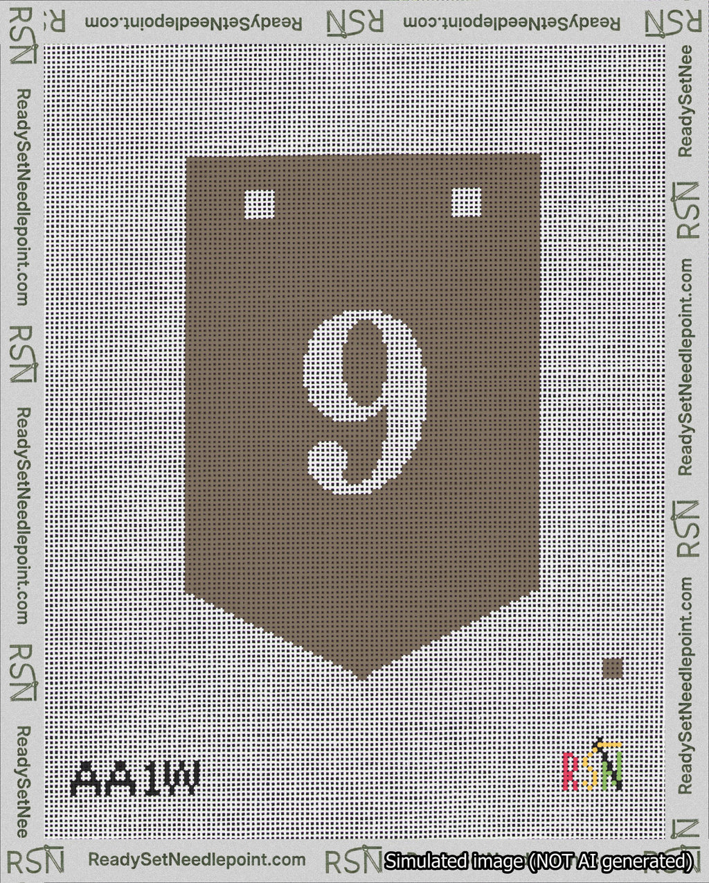 A taped needlepoint canvas with the design: Banner 18 mesh count Pointed 9 White on Brown.