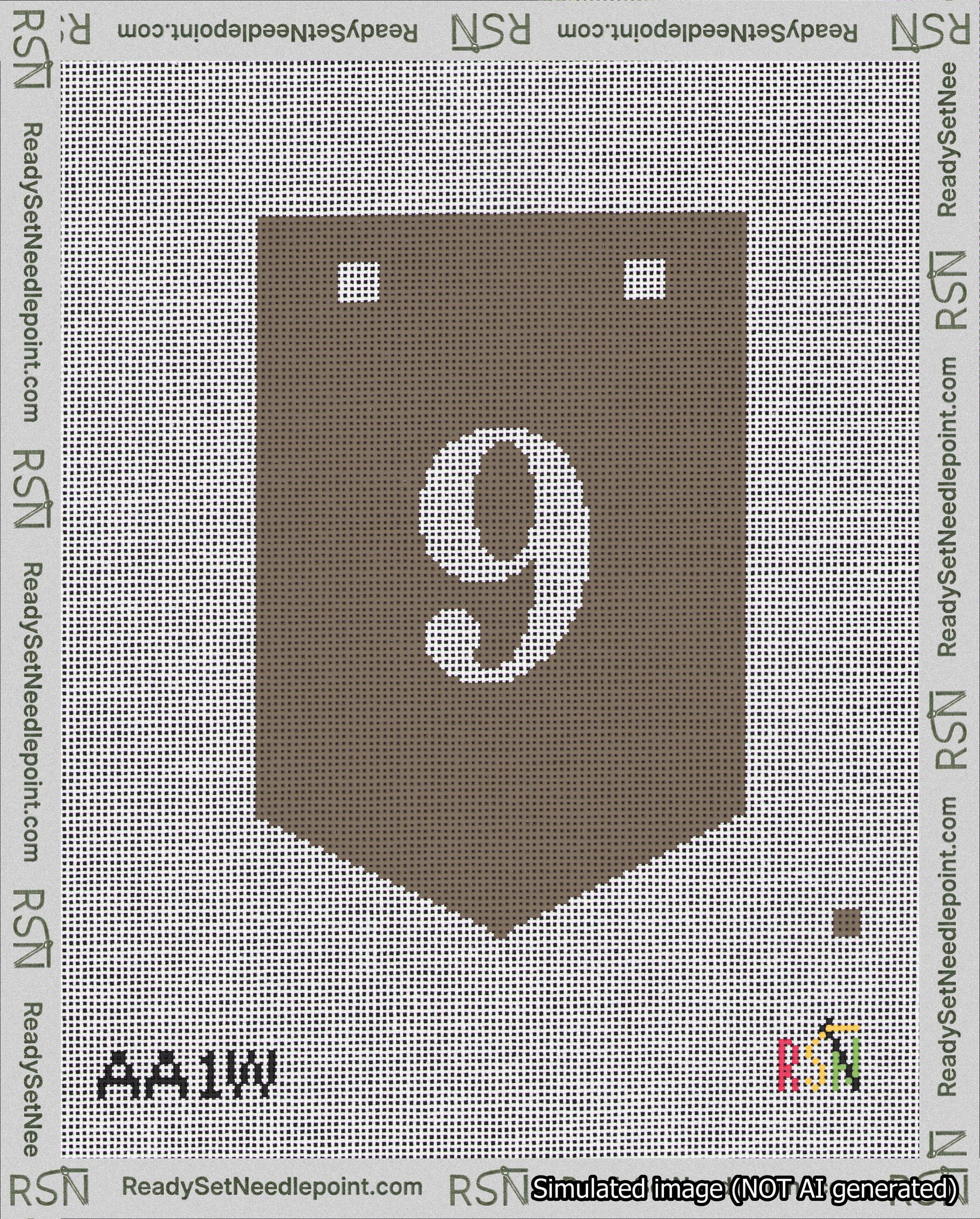 A taped needlepoint canvas with the design: Banner 18 mesh count Pointed 9 White on Brown.