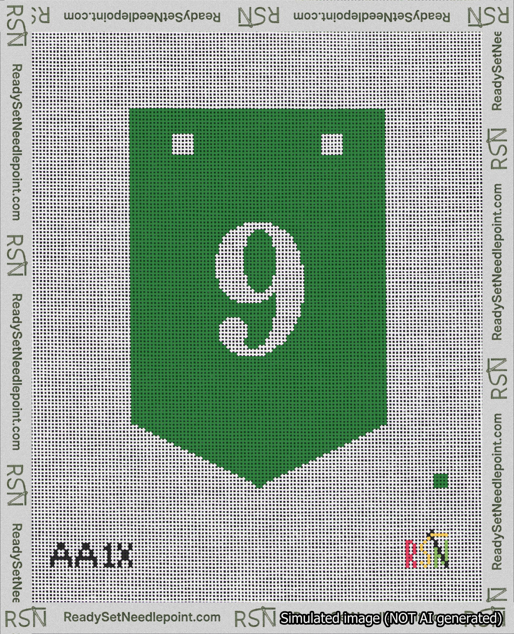 A taped needlepoint canvas with the design: Banner 18 mesh count Pointed 9 White on Green.