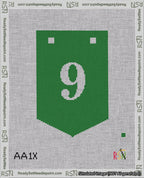 A taped needlepoint canvas with the design: Banner 18 mesh count Pointed 9 White on Green.
