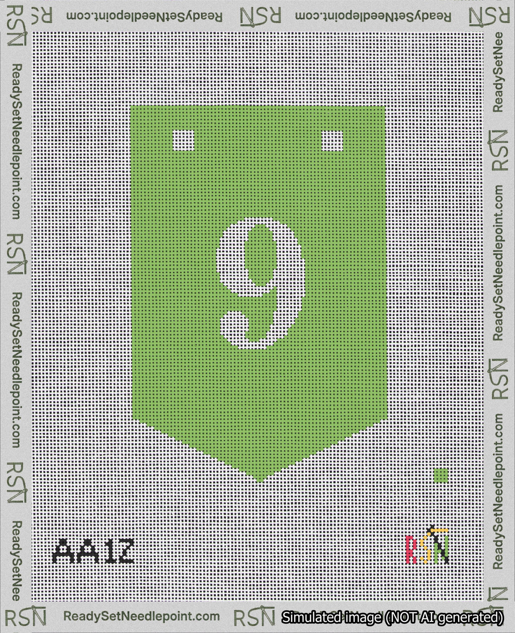 A taped needlepoint canvas with the design: Banner 18 mesh count Pointed 9 White on Light Green.