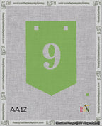 A taped needlepoint canvas with the design: Banner 18 mesh count Pointed 9 White on Light Green.