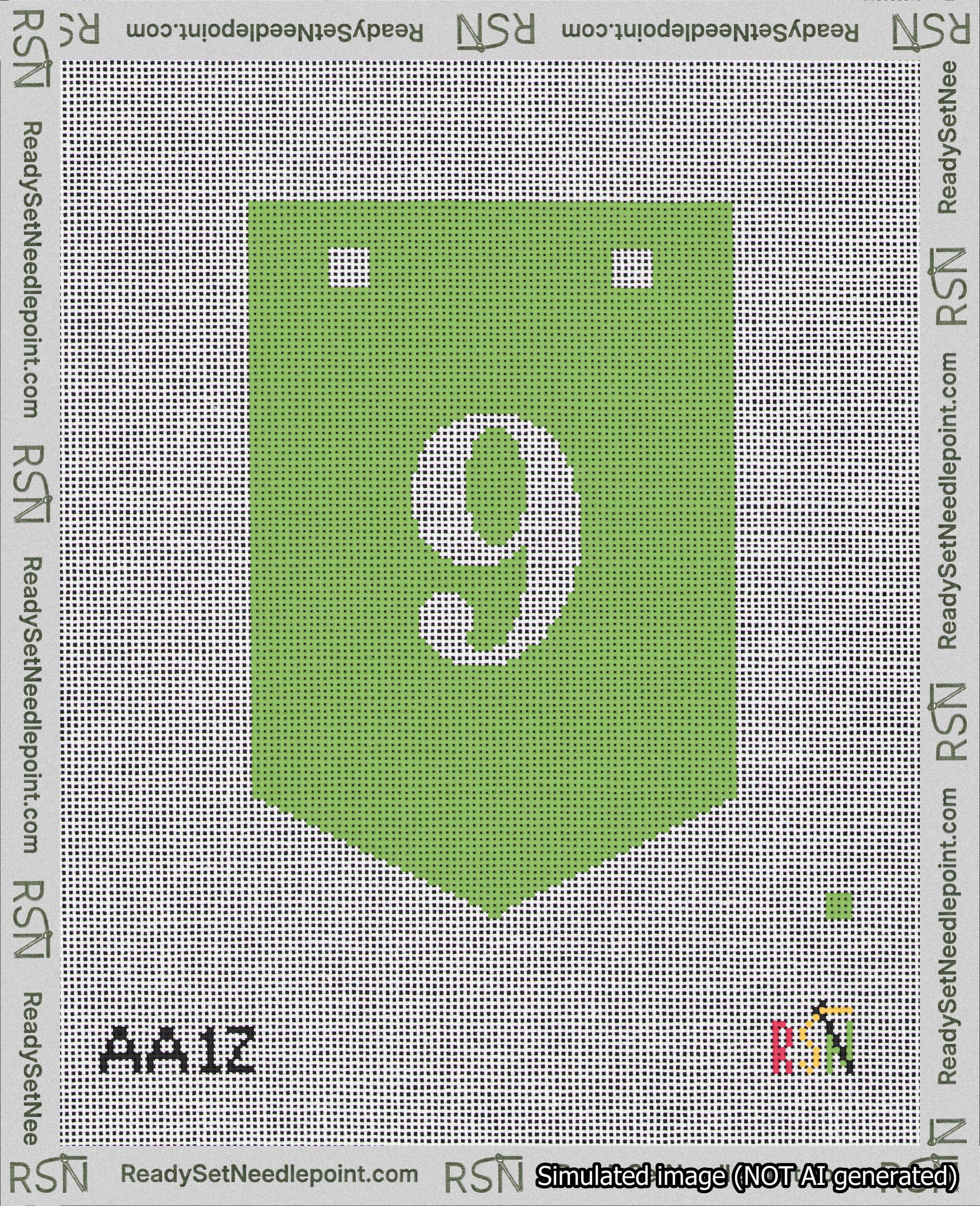 A taped needlepoint canvas with the design: Banner 18 mesh count Pointed 9 White on Light Green.