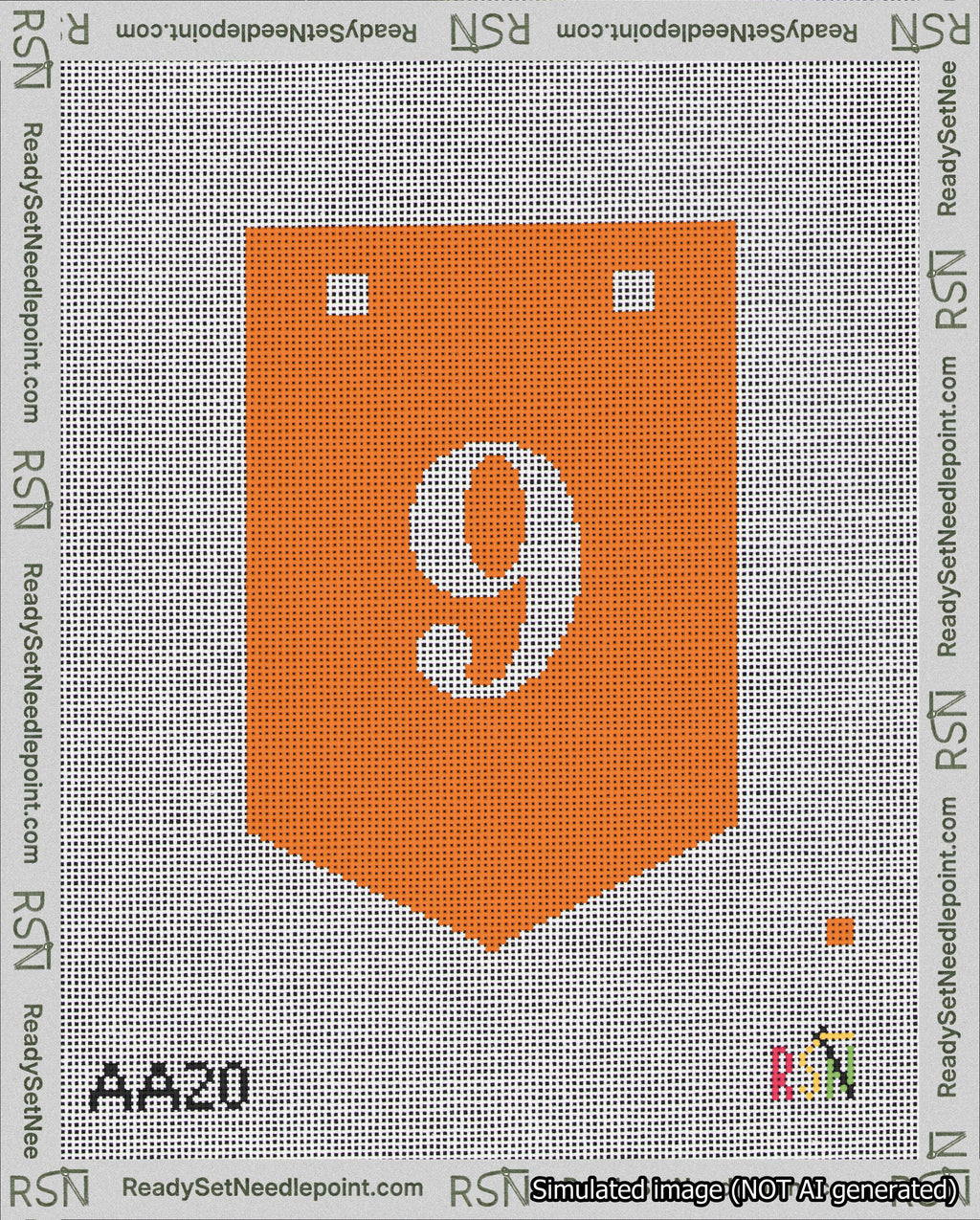A taped needlepoint canvas with the design: Banner 18 mesh count Pointed 9 White on Orange.