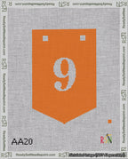A taped needlepoint canvas with the design: Banner 18 mesh count Pointed 9 White on Orange.