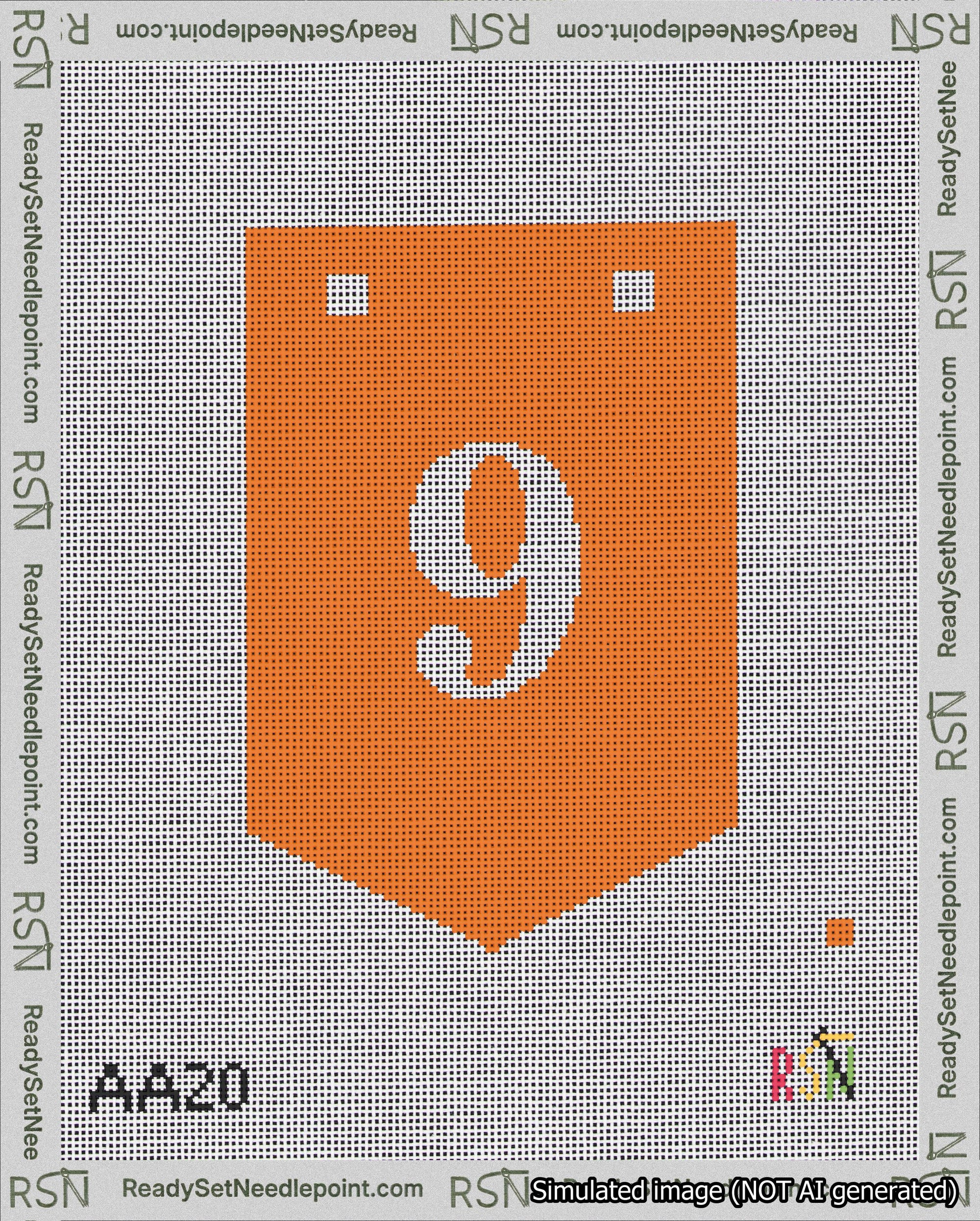 A taped needlepoint canvas with the design: Banner 18 mesh count Pointed 9 White on Orange.