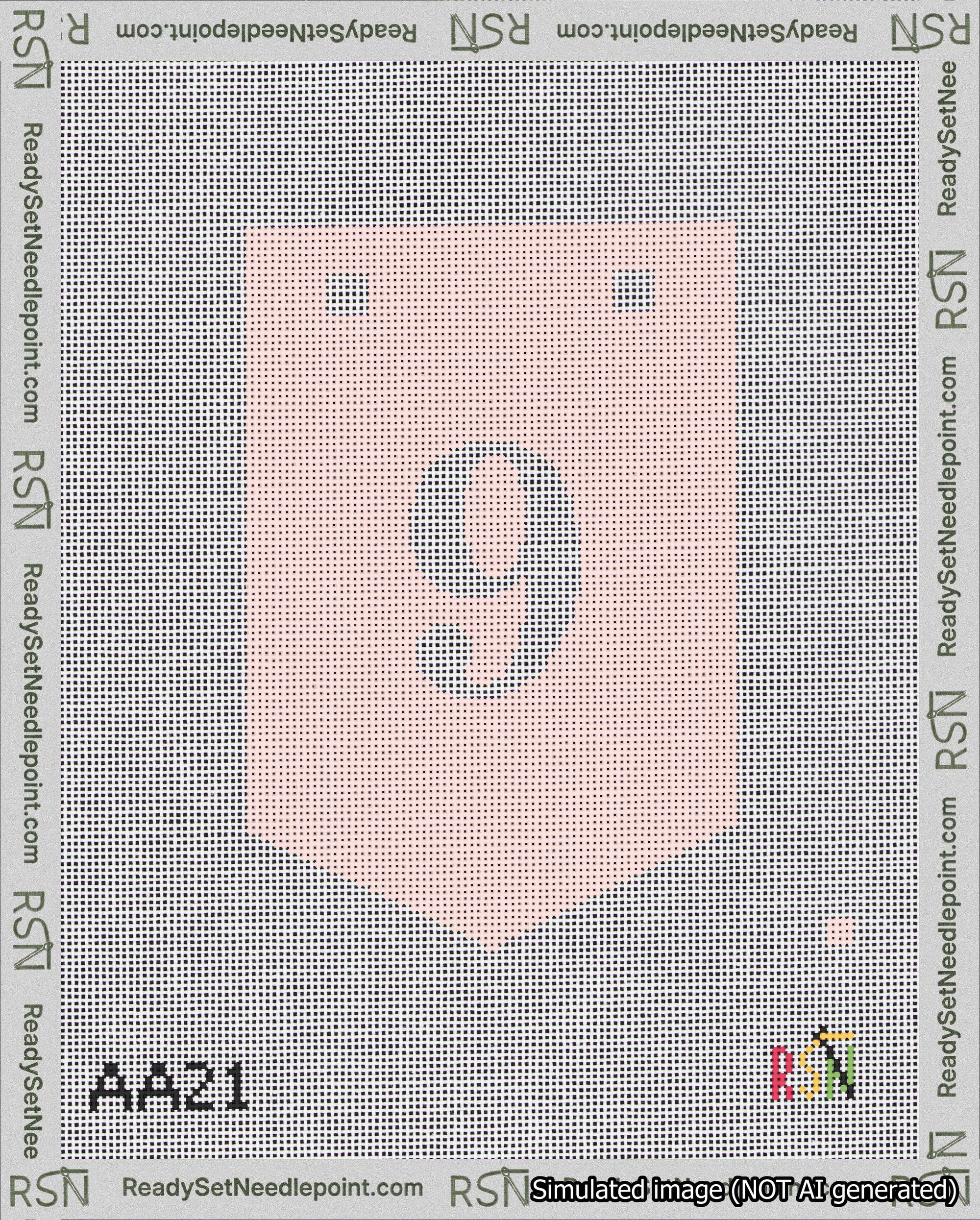 A taped needlepoint canvas with the design: Banner 18 mesh count Pointed 9 White on Pink.