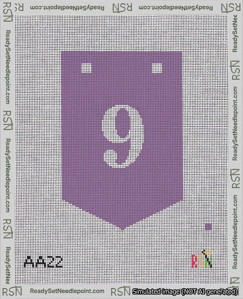 A taped needlepoint canvas with the design: Banner 18 mesh count Pointed 9 White on Purple.