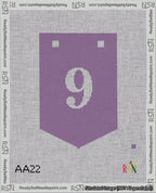 A taped needlepoint canvas with the design: Banner 18 mesh count Pointed 9 White on Purple.
