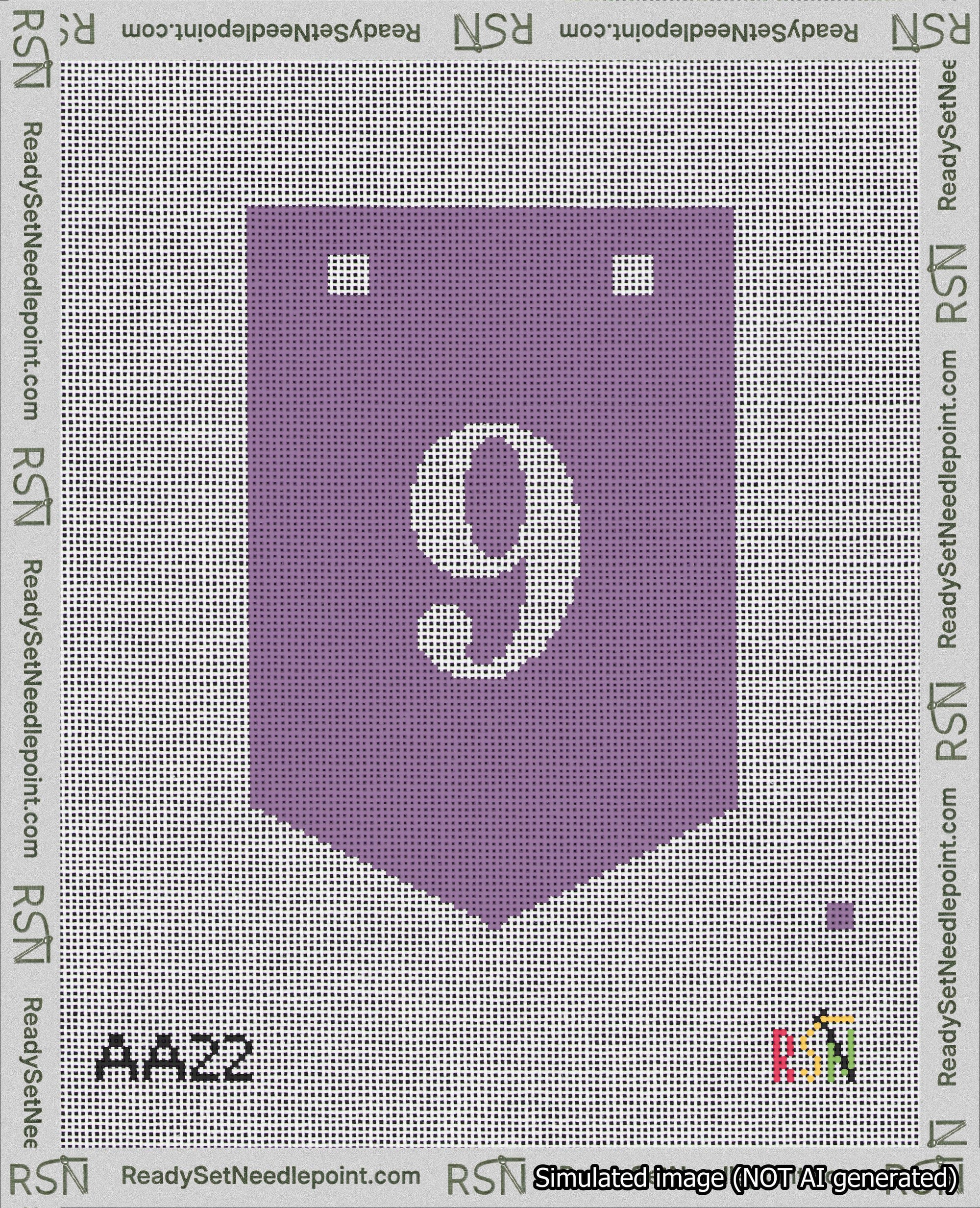 A taped needlepoint canvas with the design: Banner 18 mesh count Pointed 9 White on Purple.