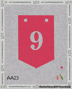 A taped needlepoint canvas with the design: Banner 18 mesh count Pointed 9 White on Red.