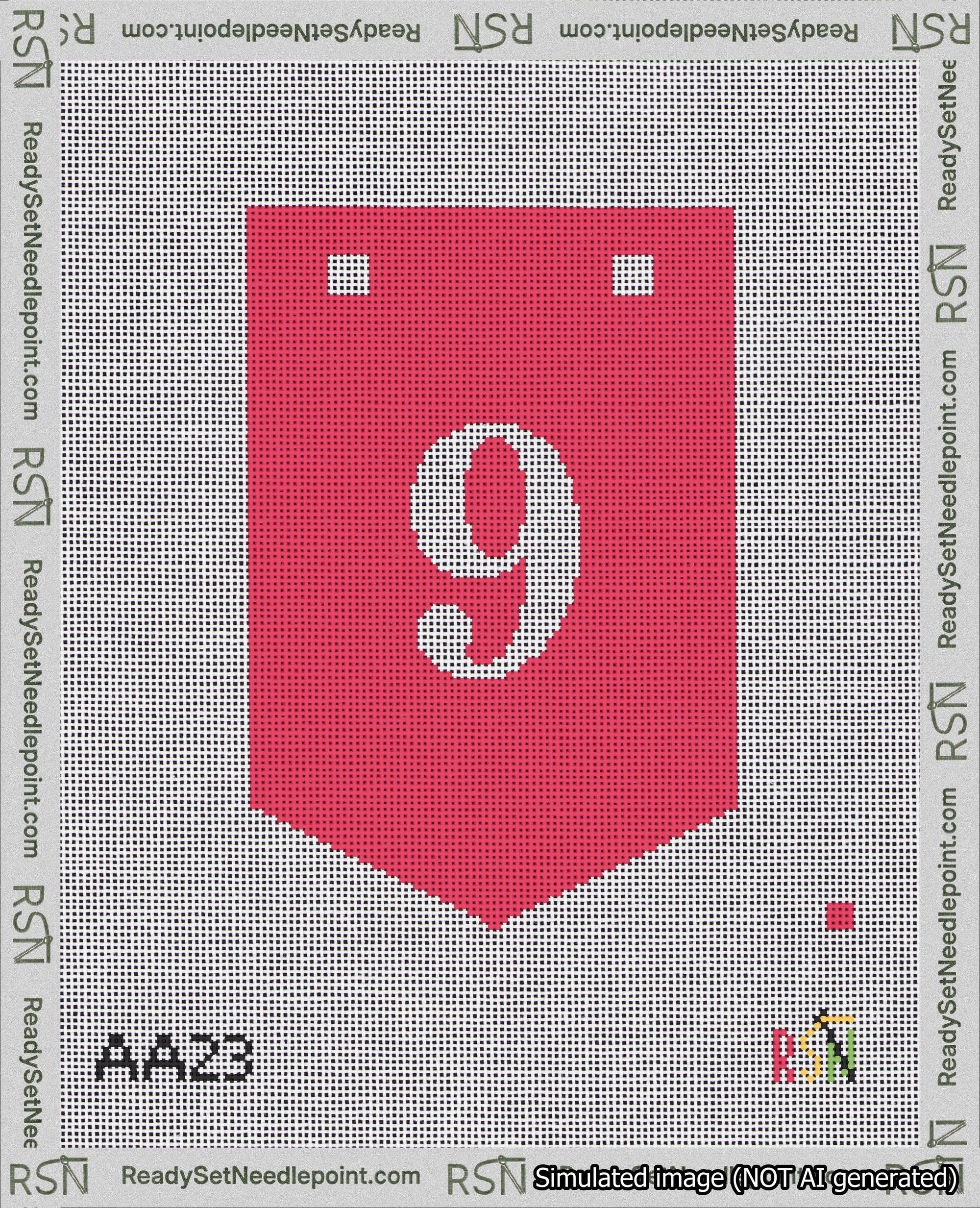 A taped needlepoint canvas with the design: Banner 18 mesh count Pointed 9 White on Red.