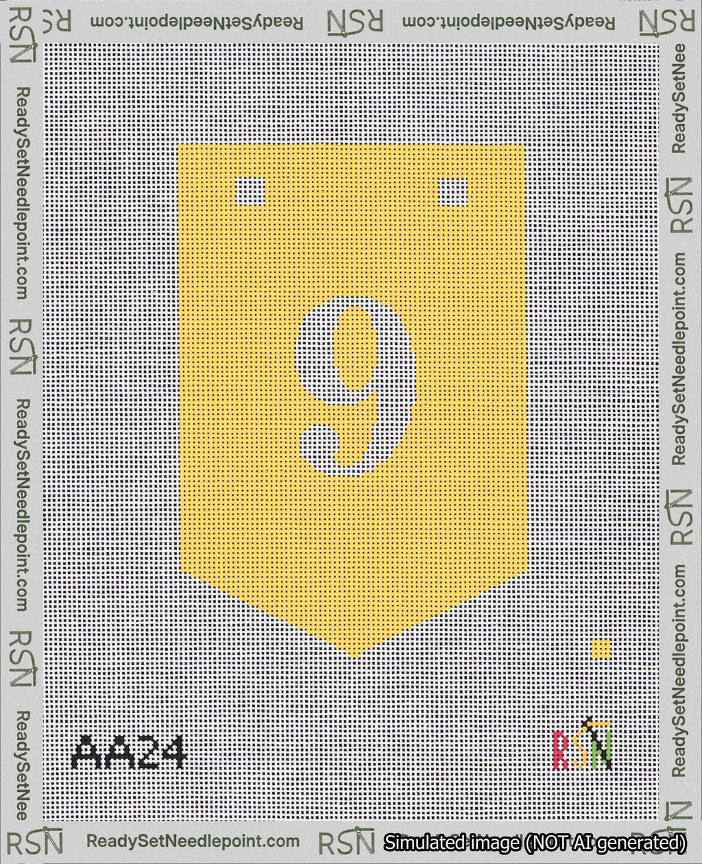 A taped needlepoint canvas with the design: Banner 18 mesh count Pointed 9 White on Yellow.