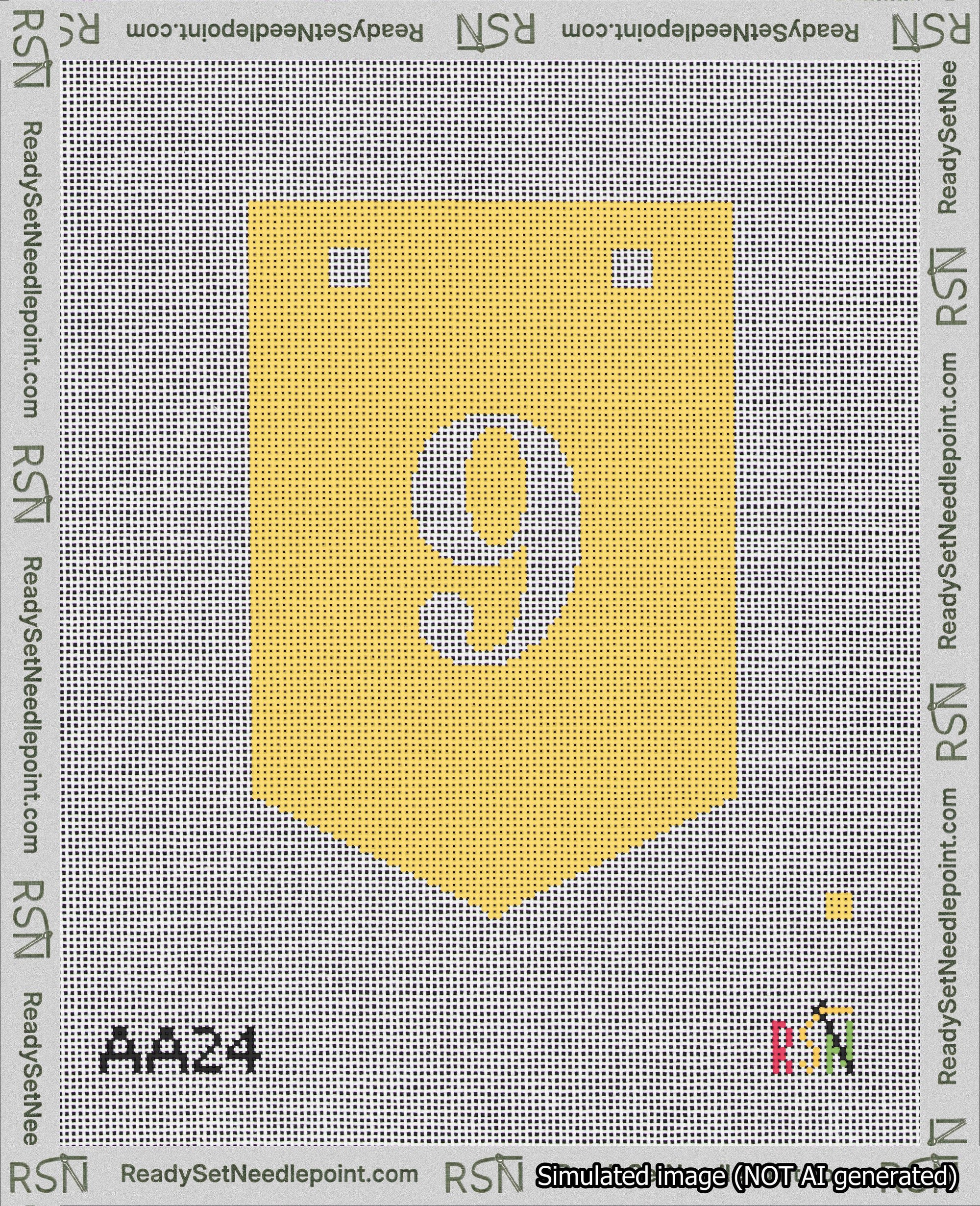 A taped needlepoint canvas with the design: Banner 18 mesh count Pointed 9 White on Yellow.