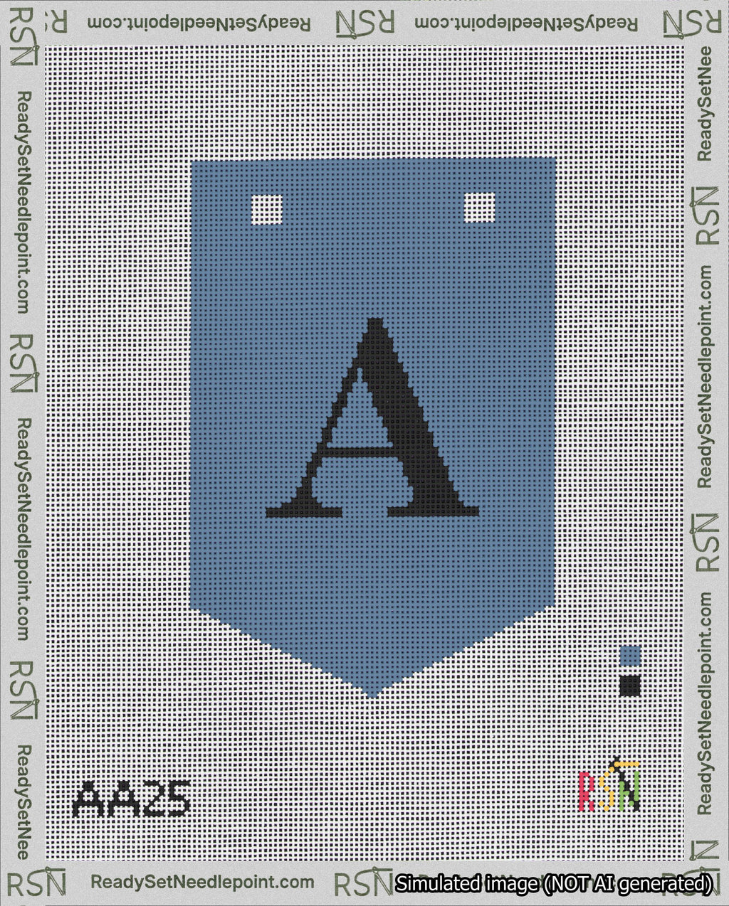 A taped needlepoint canvas with the design: Banner 18 mesh count Pointed A Black on Blue.