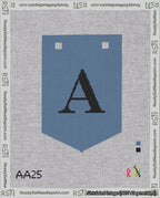 A taped needlepoint canvas with the design: Banner 18 mesh count Pointed A Black on Blue.
