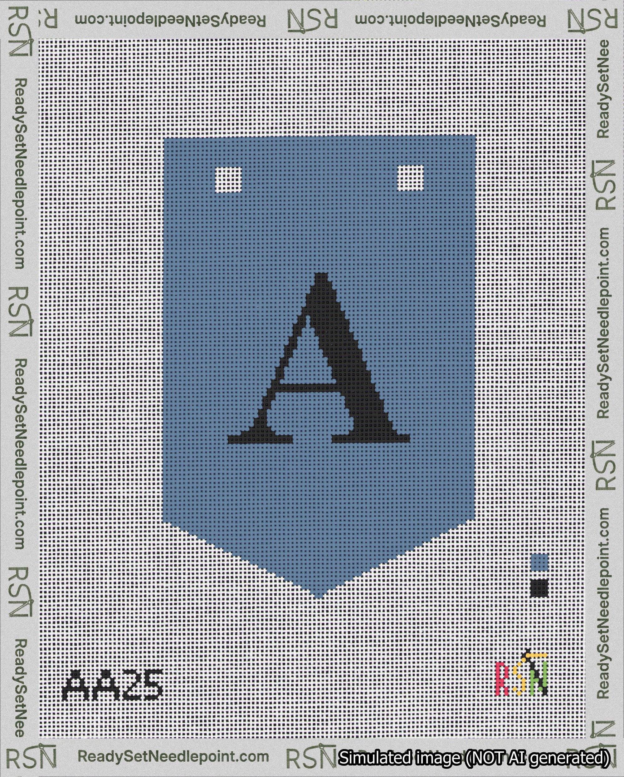 A taped needlepoint canvas with the design: Banner 18 mesh count Pointed A Black on Blue.