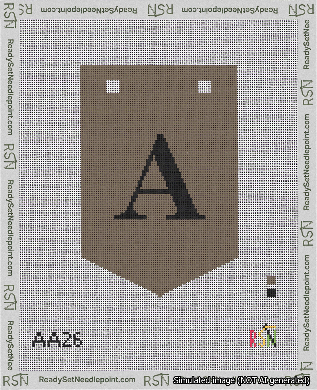 A taped needlepoint canvas with the design: Banner 18 mesh count Pointed A Black on Brown.