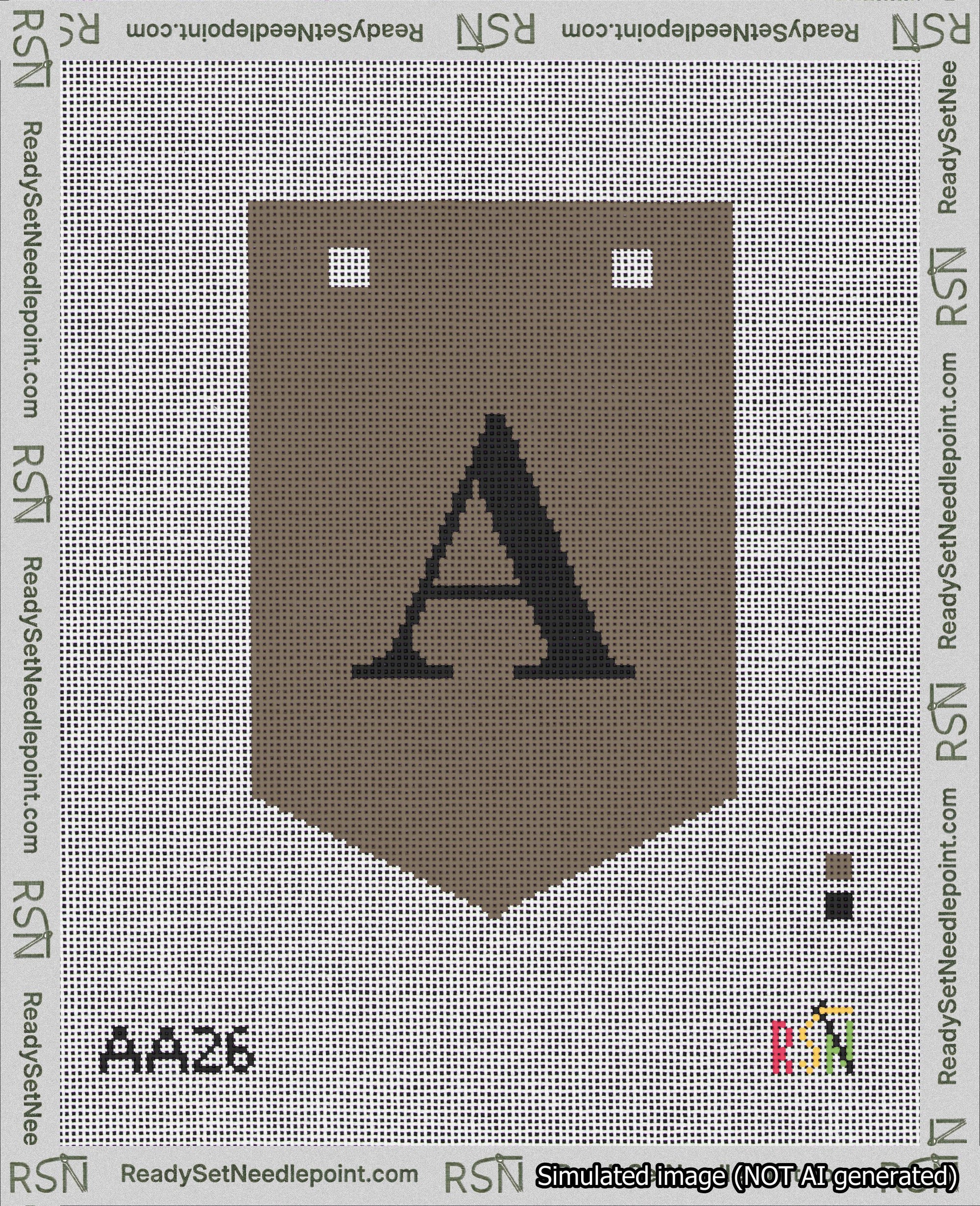 A taped needlepoint canvas with the design: Banner 18 mesh count Pointed A Black on Brown.