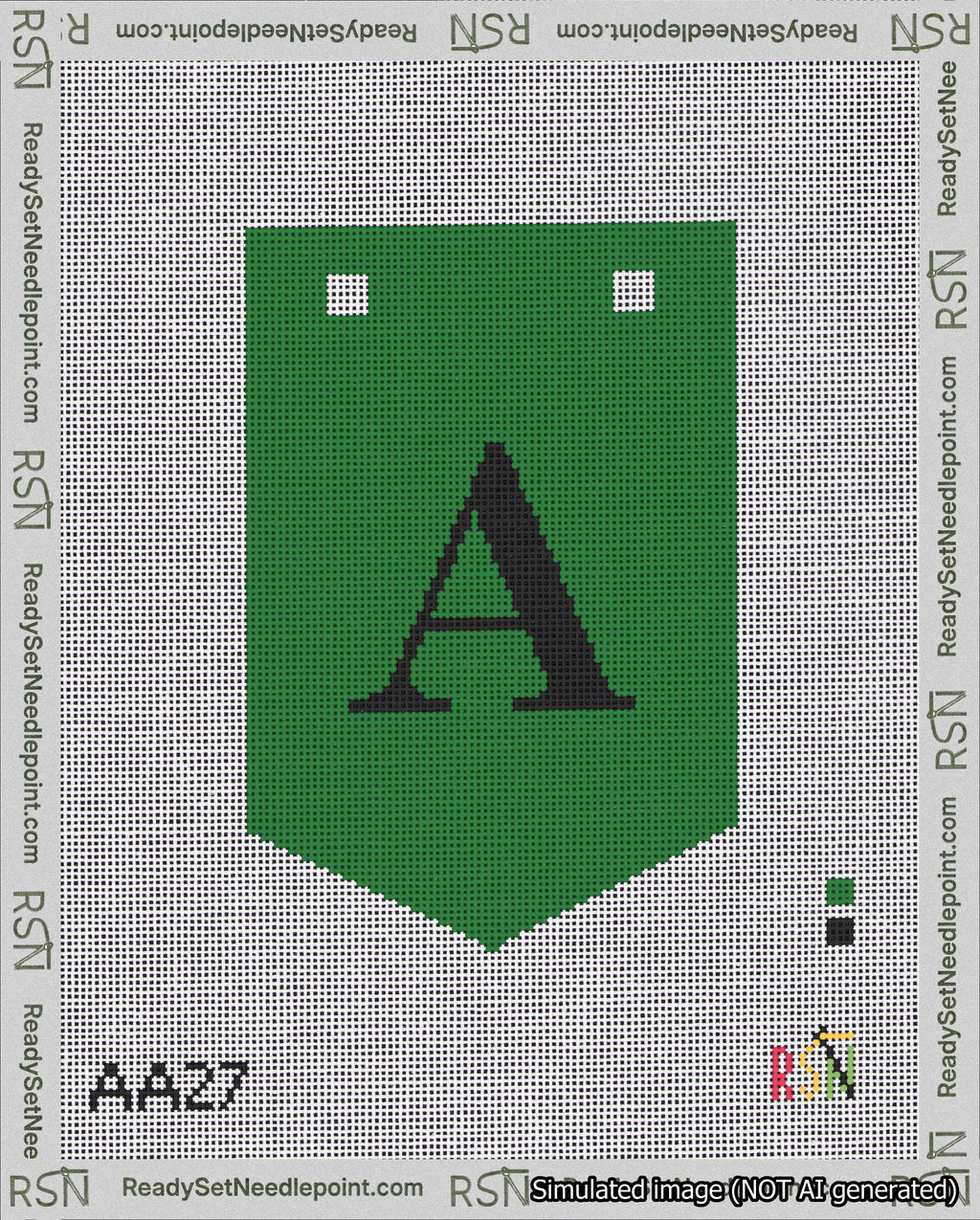 A taped needlepoint canvas with the design: Banner 18 mesh count Pointed A Black on Green.