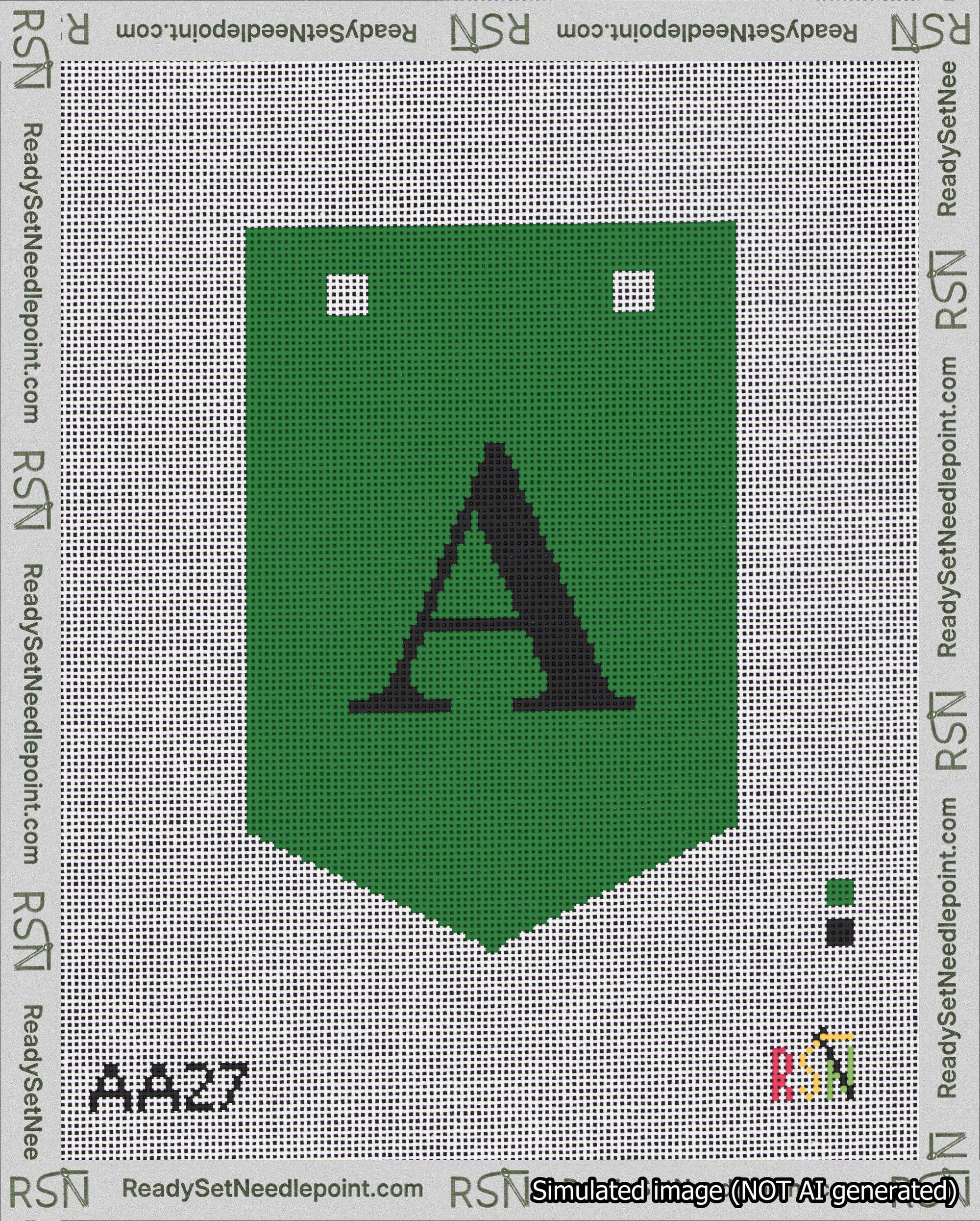 A taped needlepoint canvas with the design: Banner 18 mesh count Pointed A Black on Green.