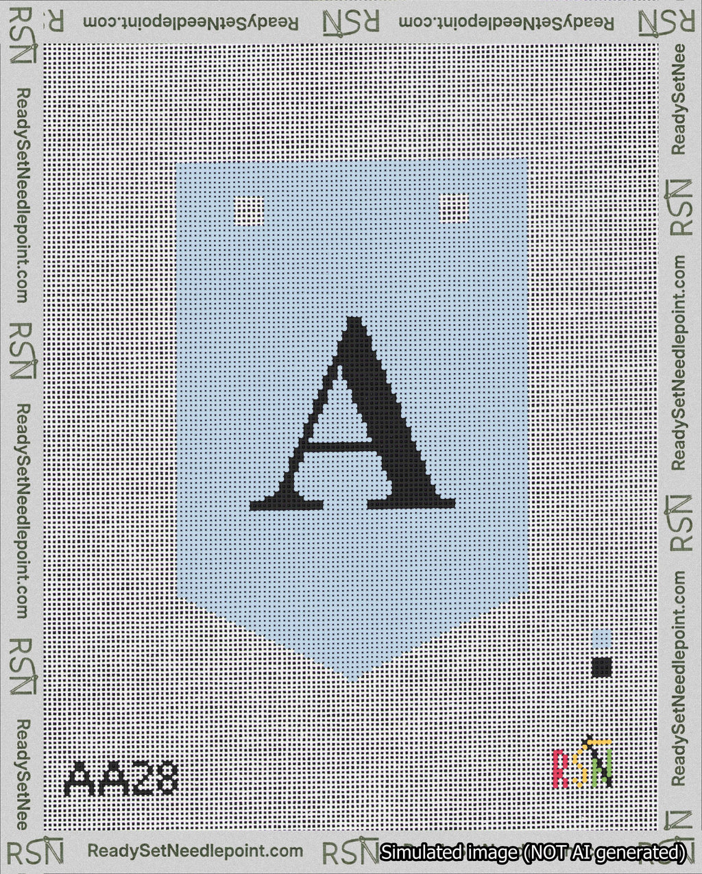 A taped needlepoint canvas with the design: Banner 18 mesh count Pointed A Black on Light Blue.