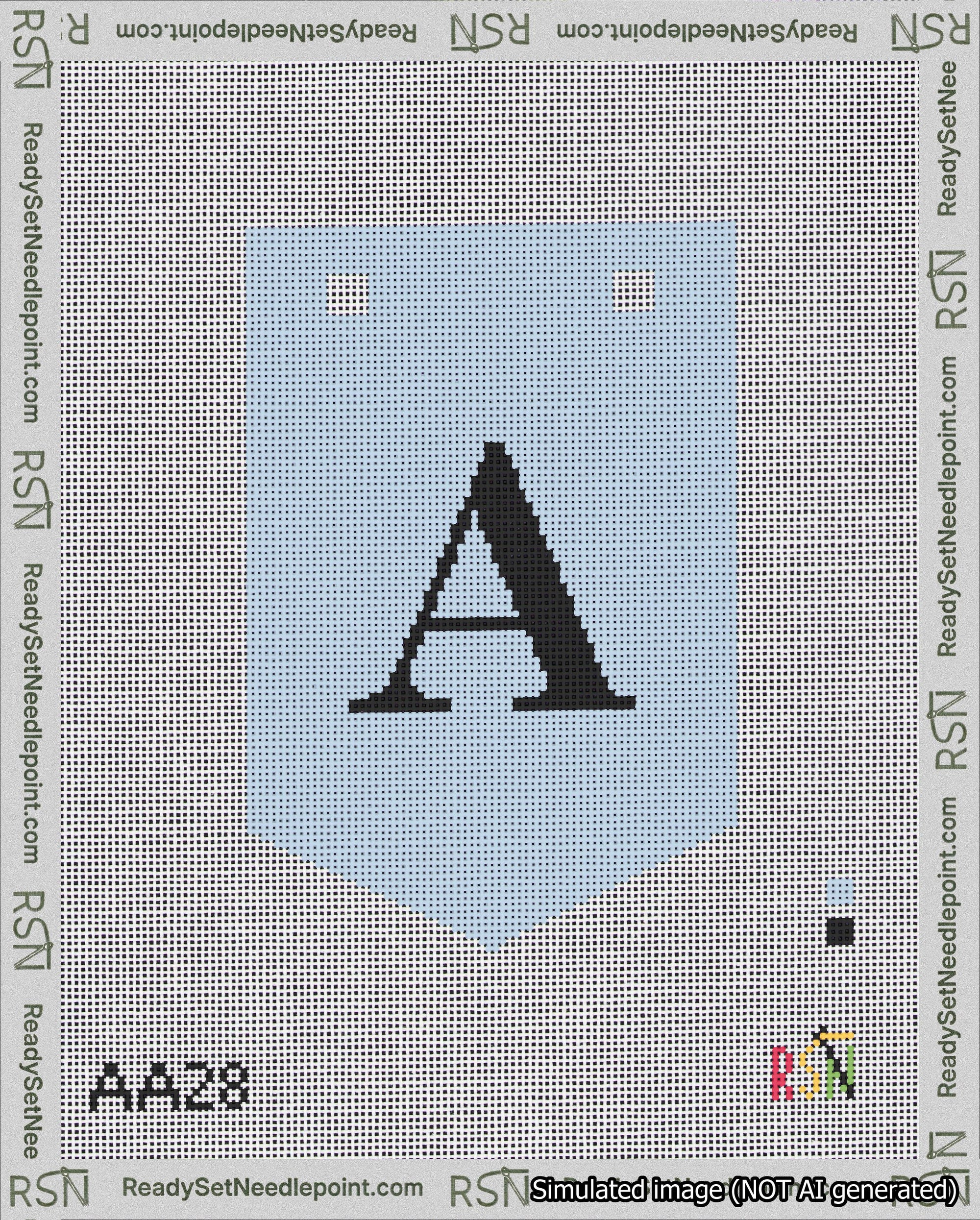 A taped needlepoint canvas with the design: Banner 18 mesh count Pointed A Black on Light Blue.
