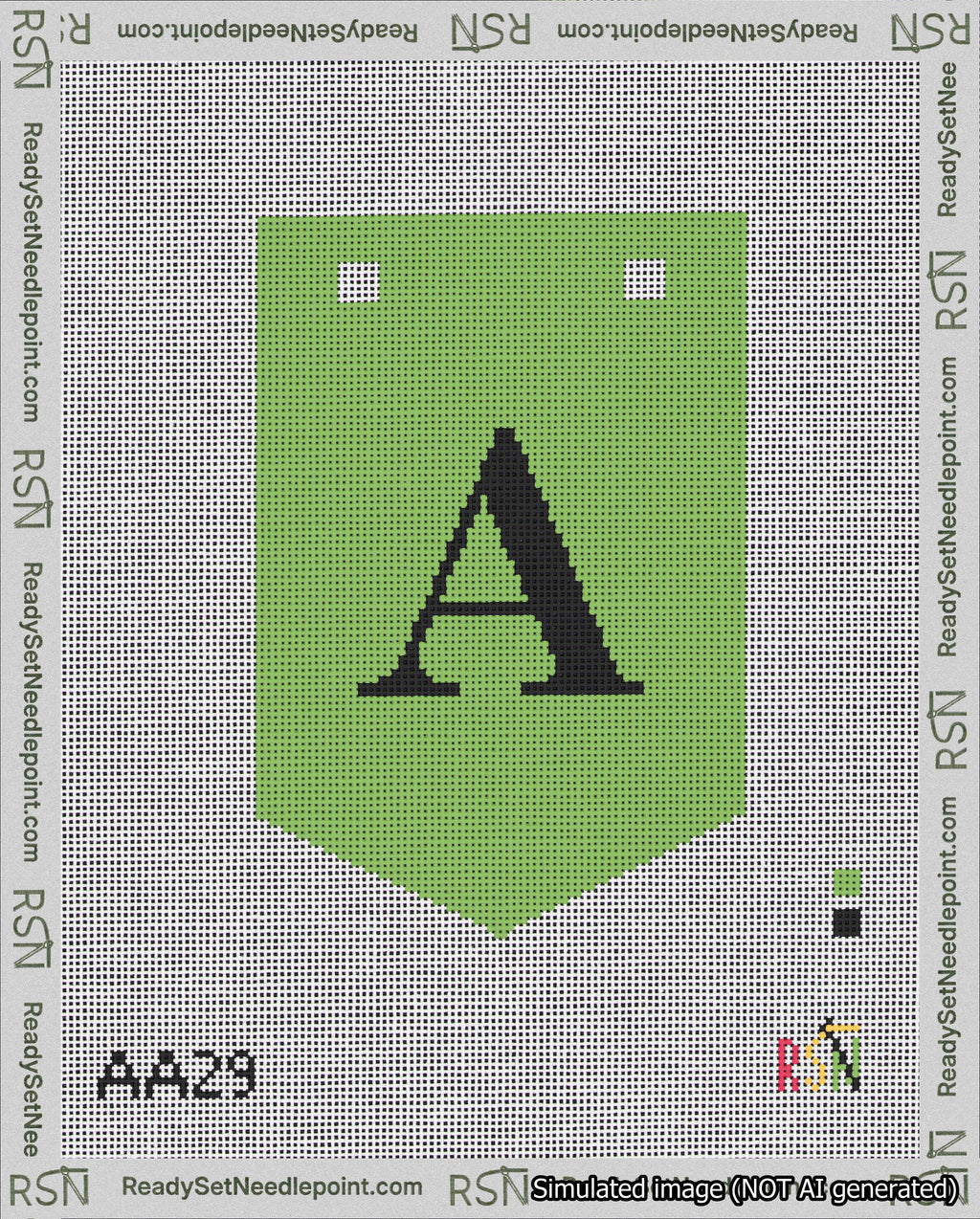 A taped needlepoint canvas with the design: Banner 18 mesh count Pointed A Black on Light Green.