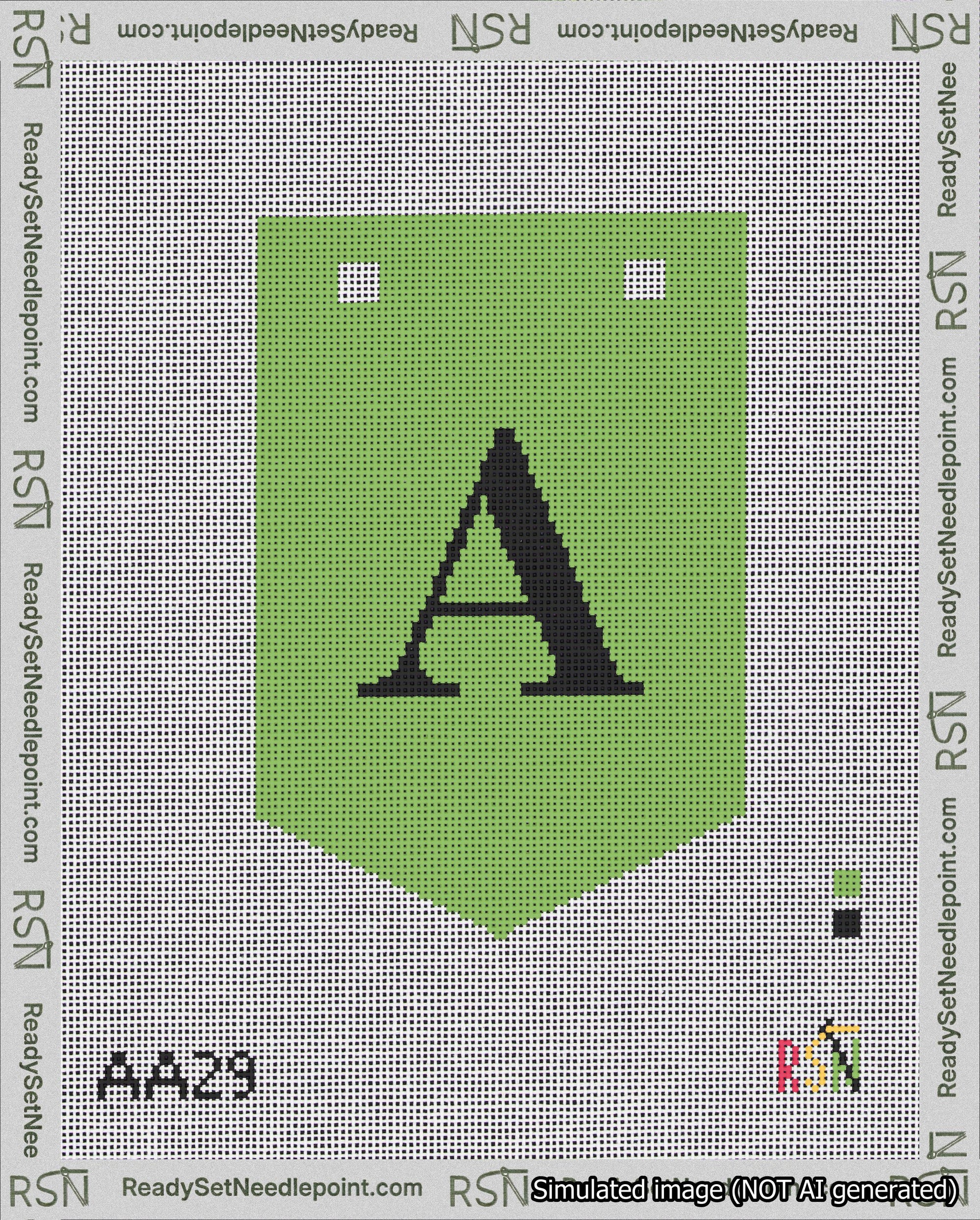A taped needlepoint canvas with the design: Banner 18 mesh count Pointed A Black on Light Green.