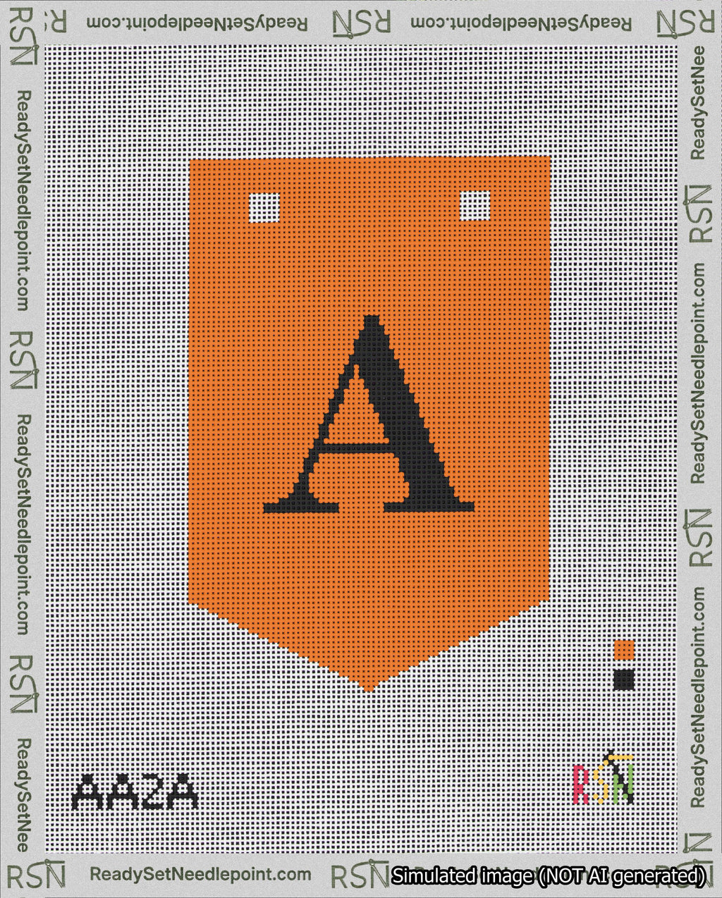 A taped needlepoint canvas with the design: Banner 18 mesh count Pointed A Black on Orange.