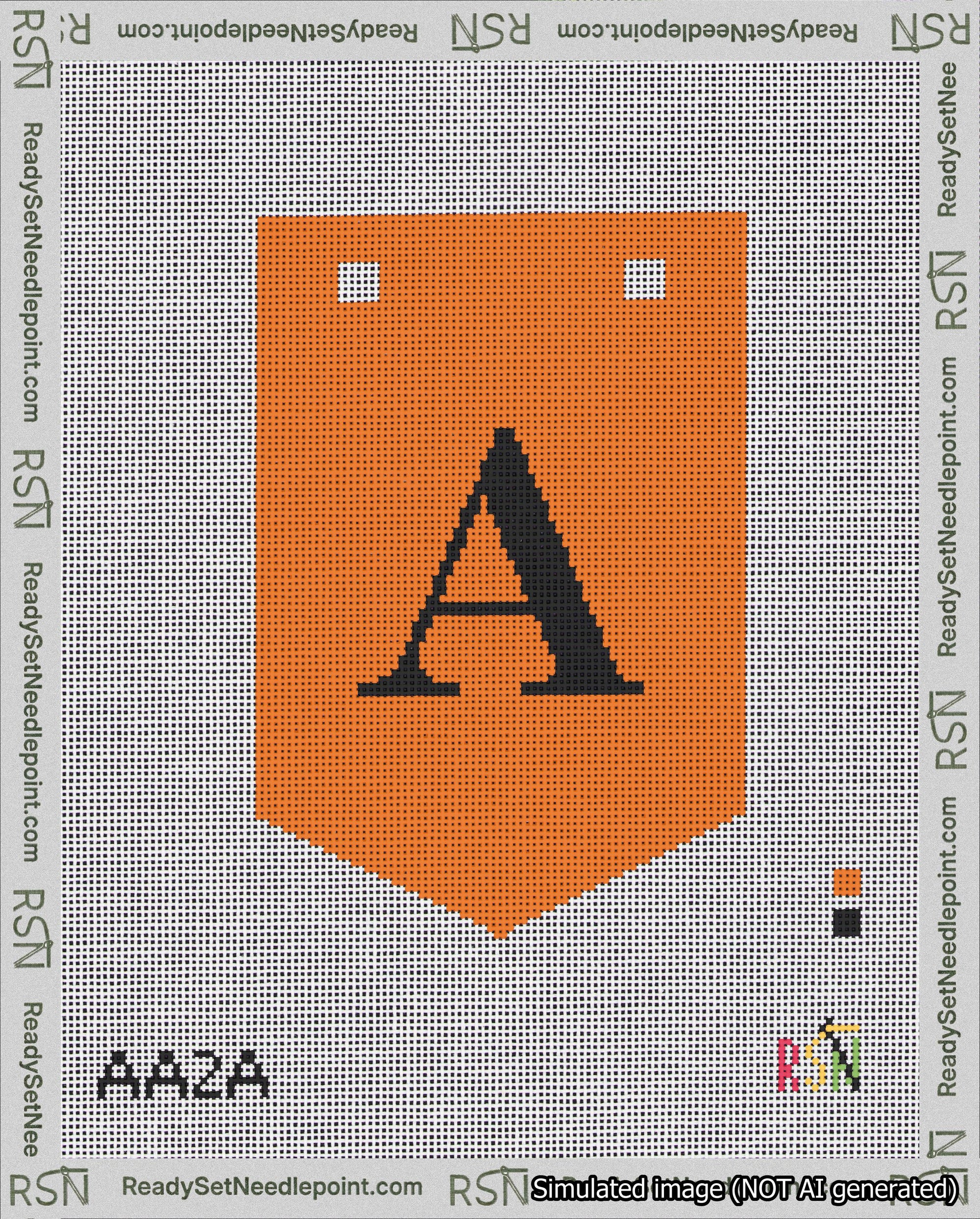 A taped needlepoint canvas with the design: Banner 18 mesh count Pointed A Black on Orange.