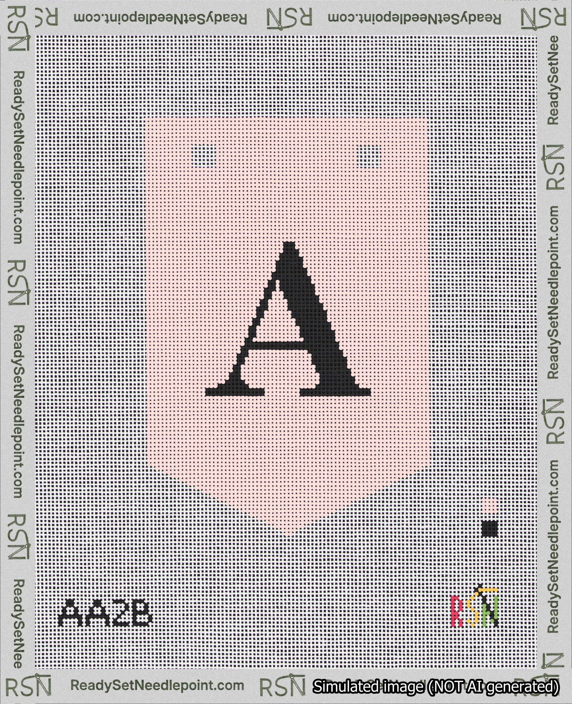 A taped needlepoint canvas with the design: Banner 18 mesh count Pointed A Black on Pink.