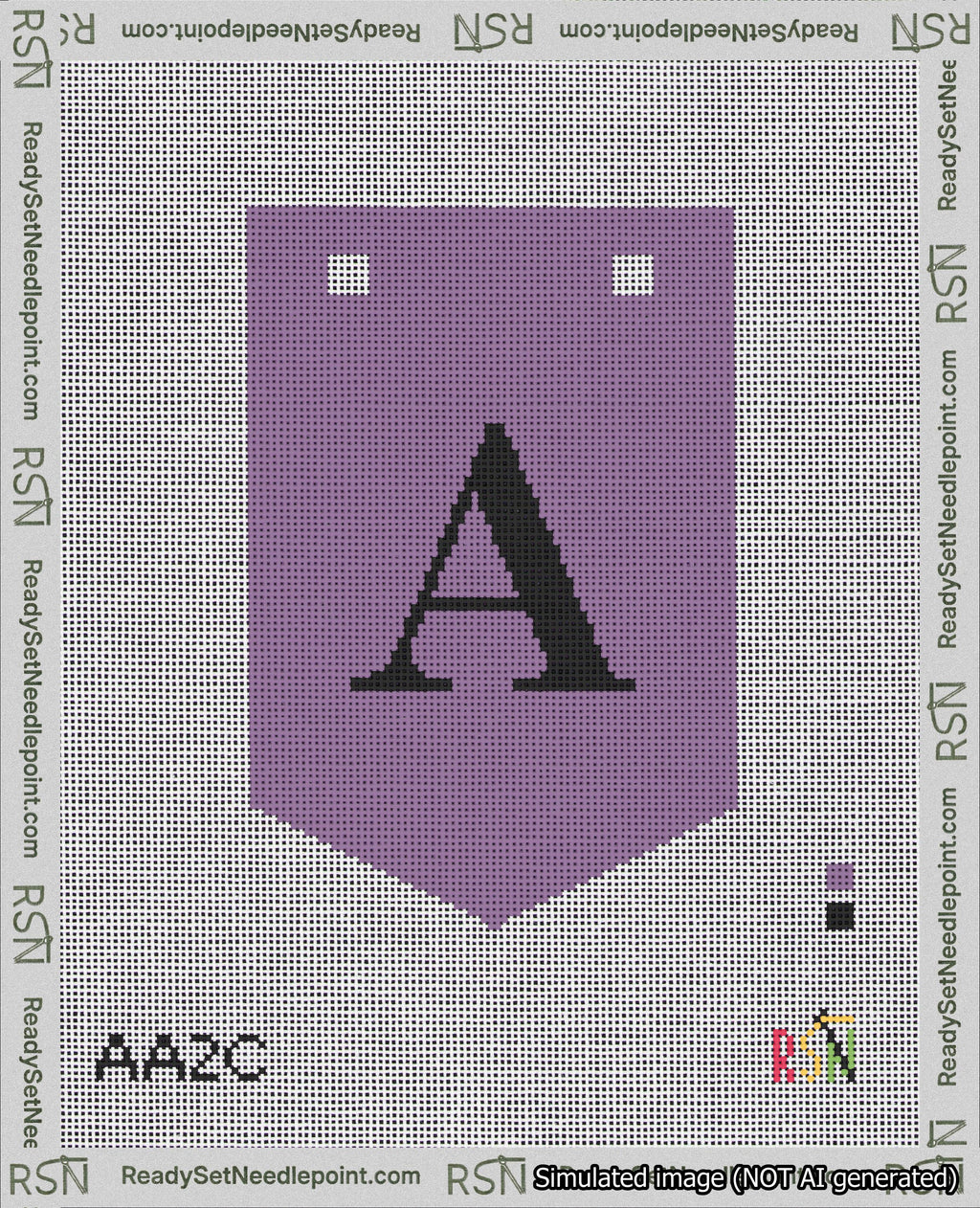 A taped needlepoint canvas with the design: Banner 18 mesh count Pointed A Black on Purple.