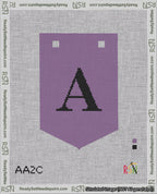 A taped needlepoint canvas with the design: Banner 18 mesh count Pointed A Black on Purple.