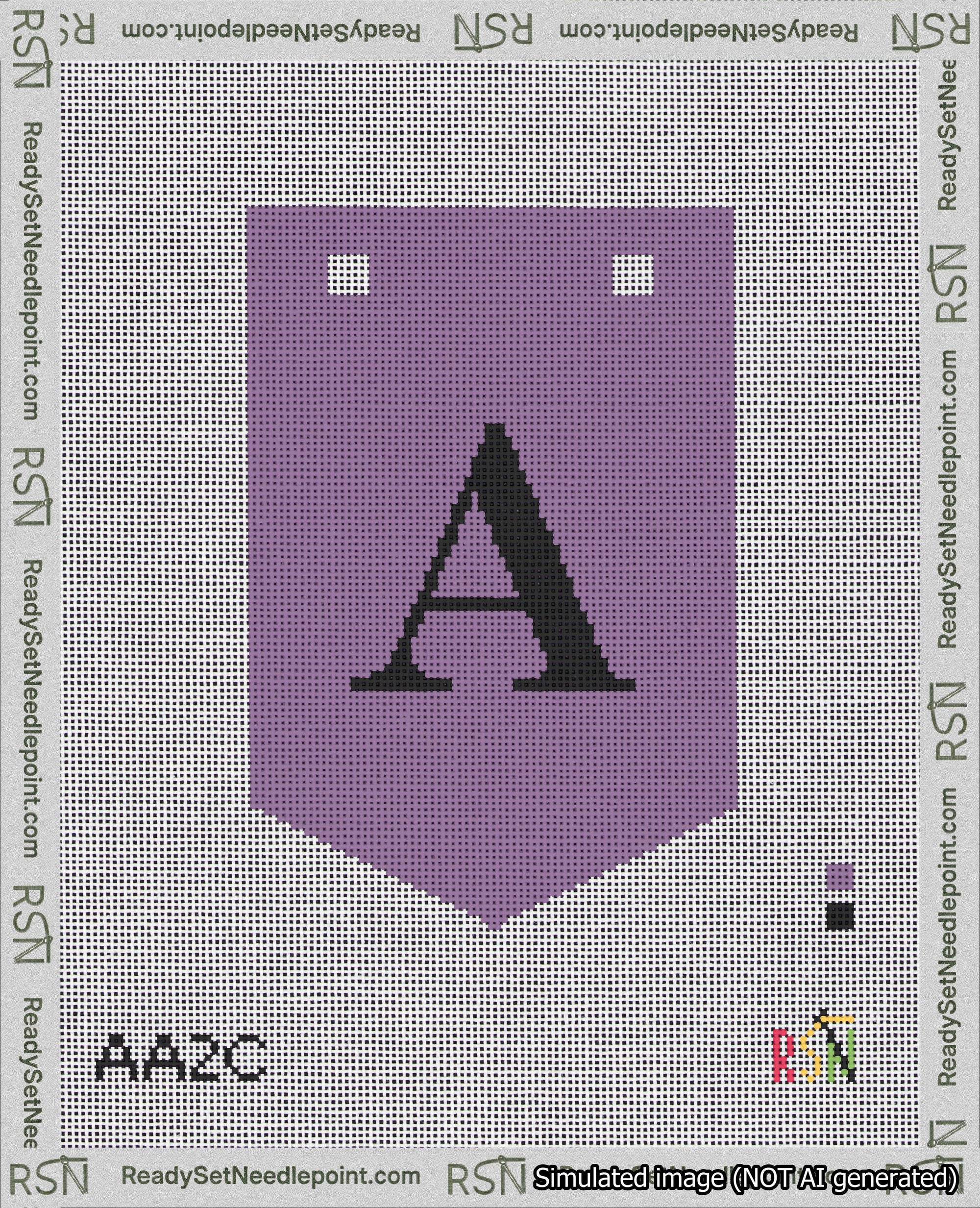 A taped needlepoint canvas with the design: Banner 18 mesh count Pointed A Black on Purple.