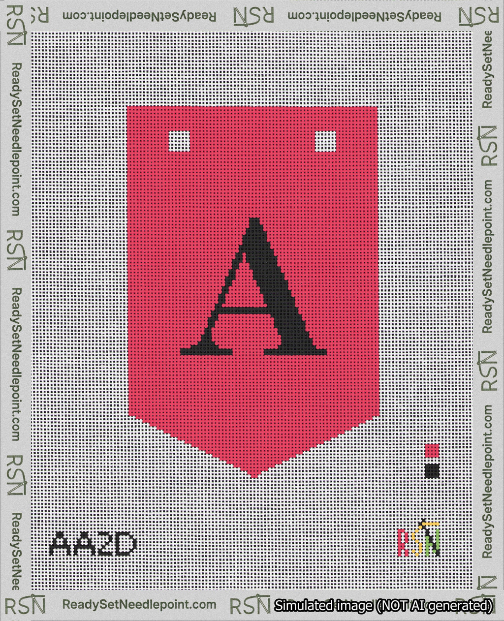 A taped needlepoint canvas with the design: Banner 18 mesh count Pointed A Black on Red.